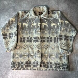 Vintage Sunbuster Fleece Jacket Reindeer Fair Isle Grey Button Front Cardigan M